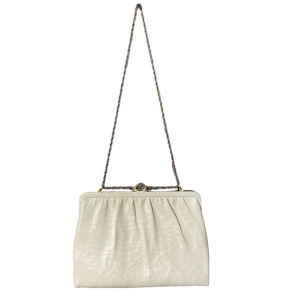 Mardane Vintage 50's White Cream Leather Purse Clutch Shoulder Bag W/ Gold Chain